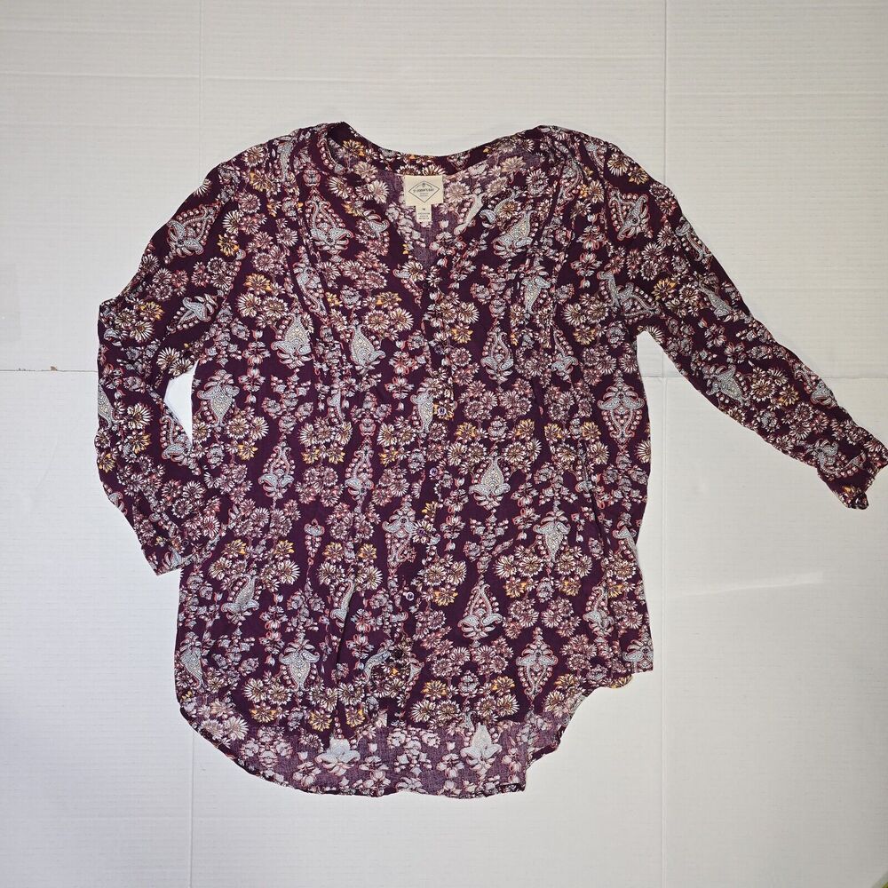 St Johns Bay Tunic Womens Size M Floral Burgundy Vneck Paisley